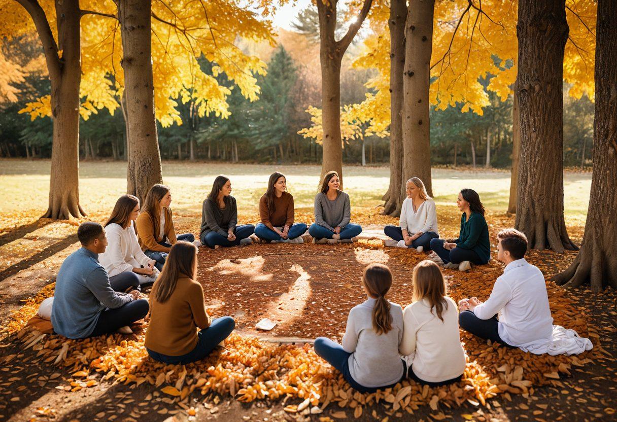 A serene landscape depicting a diverse group of people gathered in a circle, sharing stories and comfort amidst soft autumn leaves, symbolizing support and community. There are warm, soft light rays filtering through trees, creating a peaceful atmosphere. Emphasize empathy and togetherness through gentle expressions and comforting gestures. super-realistic. warm colors. soothing background.