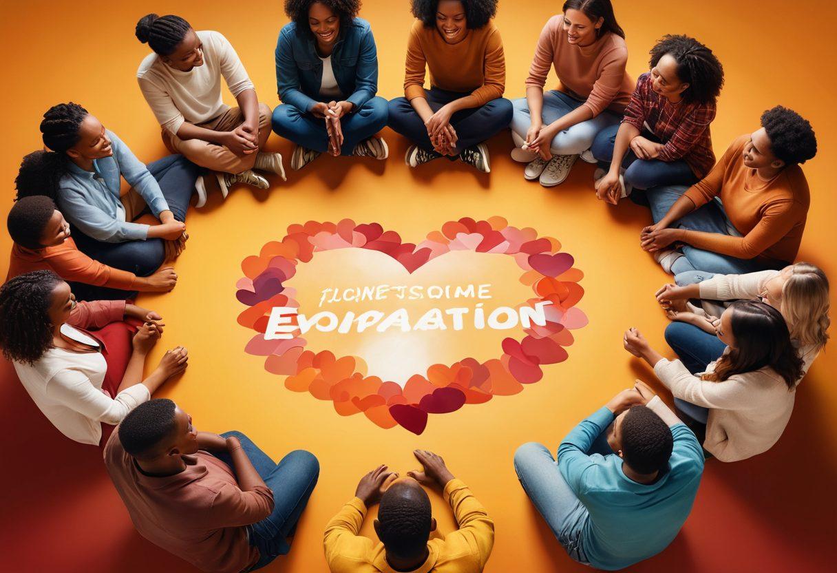 A diverse group of people sitting together in a supportive circle, sharing stories and laughter, surrounded by warm, inviting colors that symbolize compassion. In the background, a charity organization banner is visible, and hands holding hearts float above as a representation of unity and emotional support. The scene captures a sense of hope and togetherness. super-realistic. vibrant colors. warm tones.