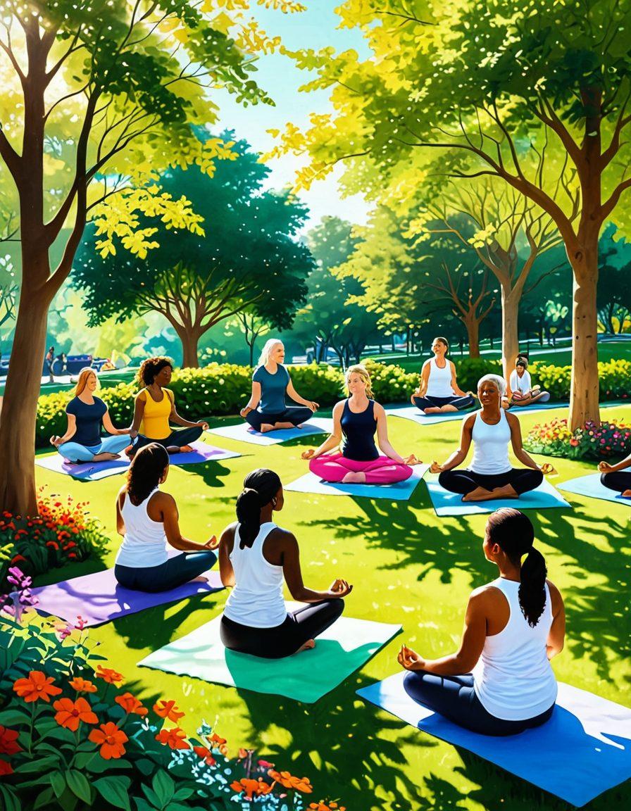 A vibrant community scene depicting diverse individuals coming together in a park, engaging in activities like yoga, art, and conversation that symbolize emotional support and unity. Soft sunlight filters through trees, highlighting smiles and warmth, with elements of nature representing growth and healing. Super-realistic. Vibrant colors. Warm, inviting atmosphere.